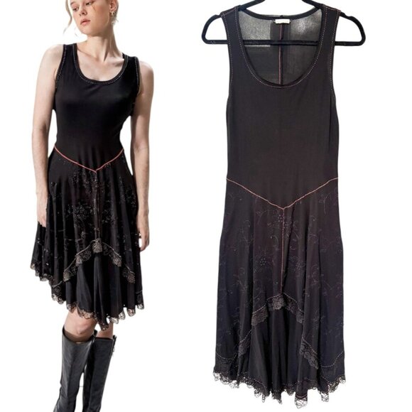 90'S VINTAGE Rozae Nichols Black Lace Whimsy Goth Midi Dress size Medium - Picture 2 of 6